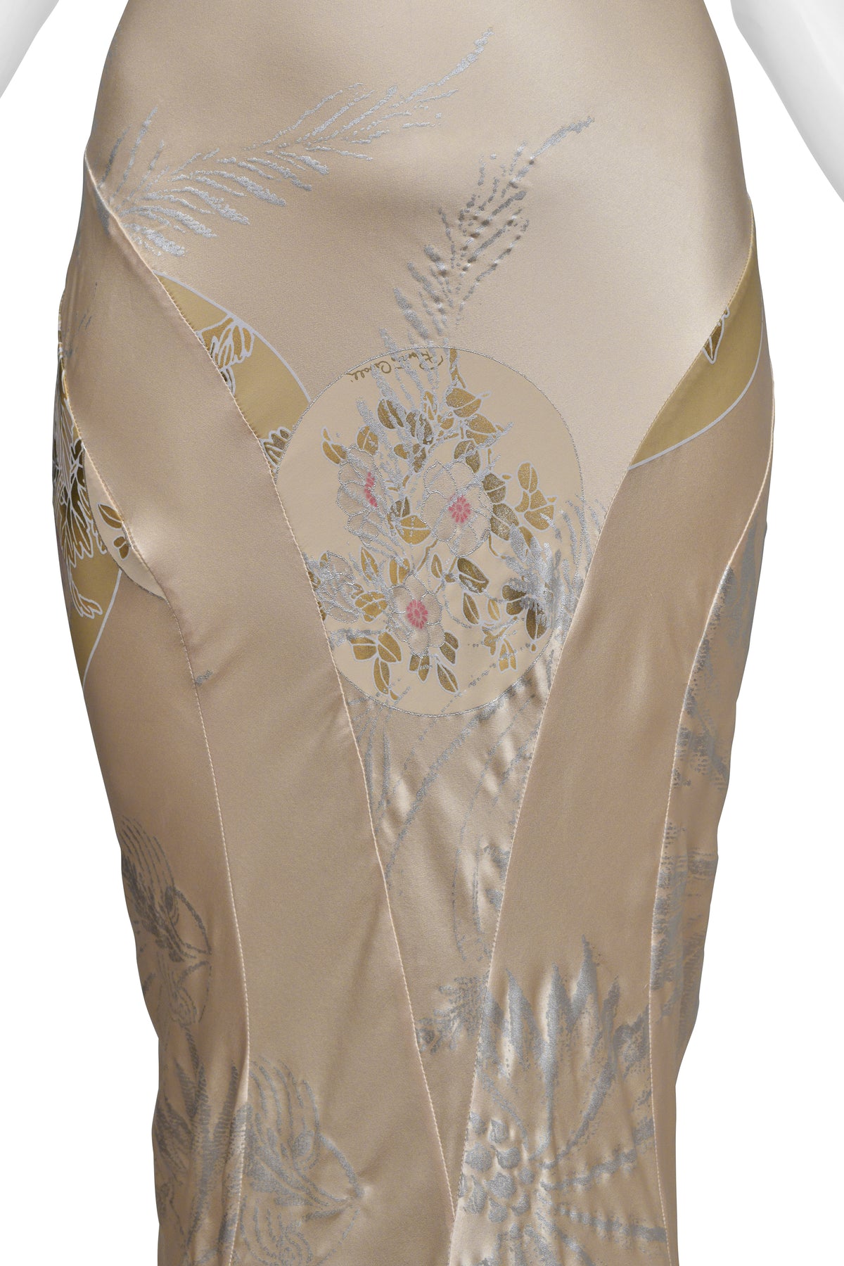 ROBERTO CAVALLI CHAMPAGNE GOWN WITH INTRICATE BEADING AND DRAMATIC TRAIN 2006