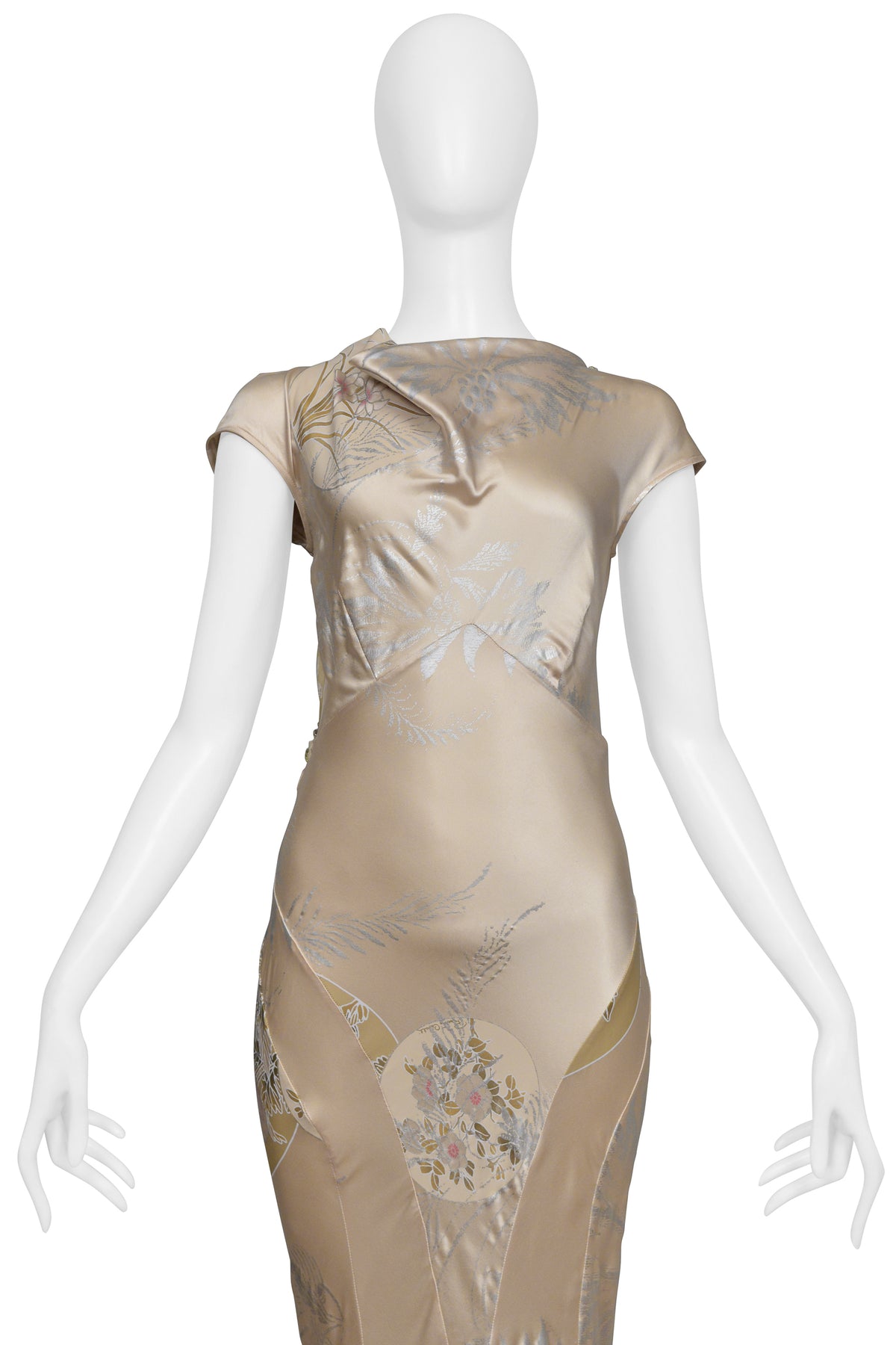 ROBERTO CAVALLI CHAMPAGNE GOWN WITH INTRICATE BEADING AND DRAMATIC TRAIN 2006