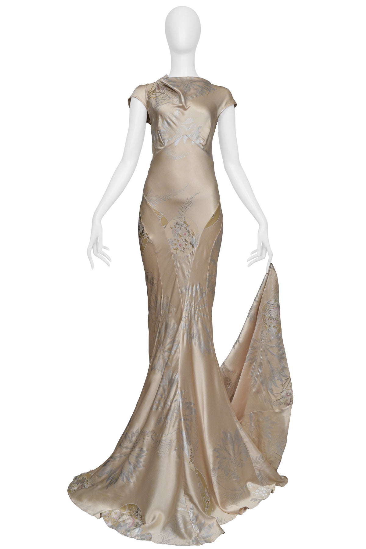 ROBERTO CAVALLI CHAMPAGNE GOWN WITH INTRICATE BEADING AND DRAMATIC TRAIN 2006