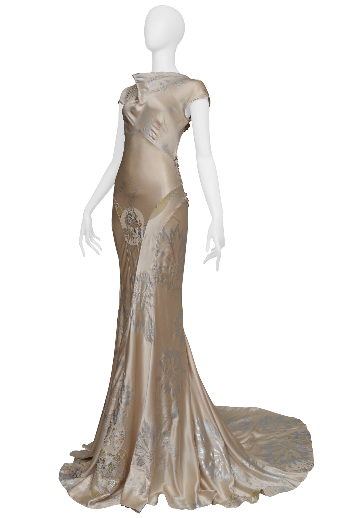 ROBERTO CAVALLI CHAMPAGNE GOWN WITH INTRICATE BEADING AND DRAMATIC TRAIN 2006