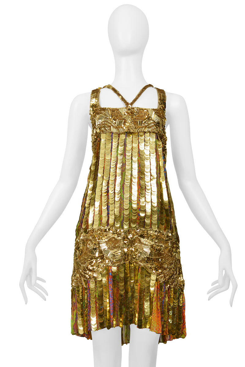 ROBERTO CAVALLI GOLD SEQUIN, PAILLETTE & BEADED MINI FLAPPER DRESS