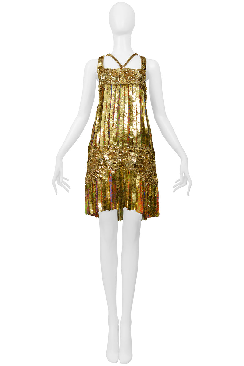 ROBERTO CAVALLI GOLD SEQUIN, PAILLETTE & BEADED MINI FLAPPER DRESS