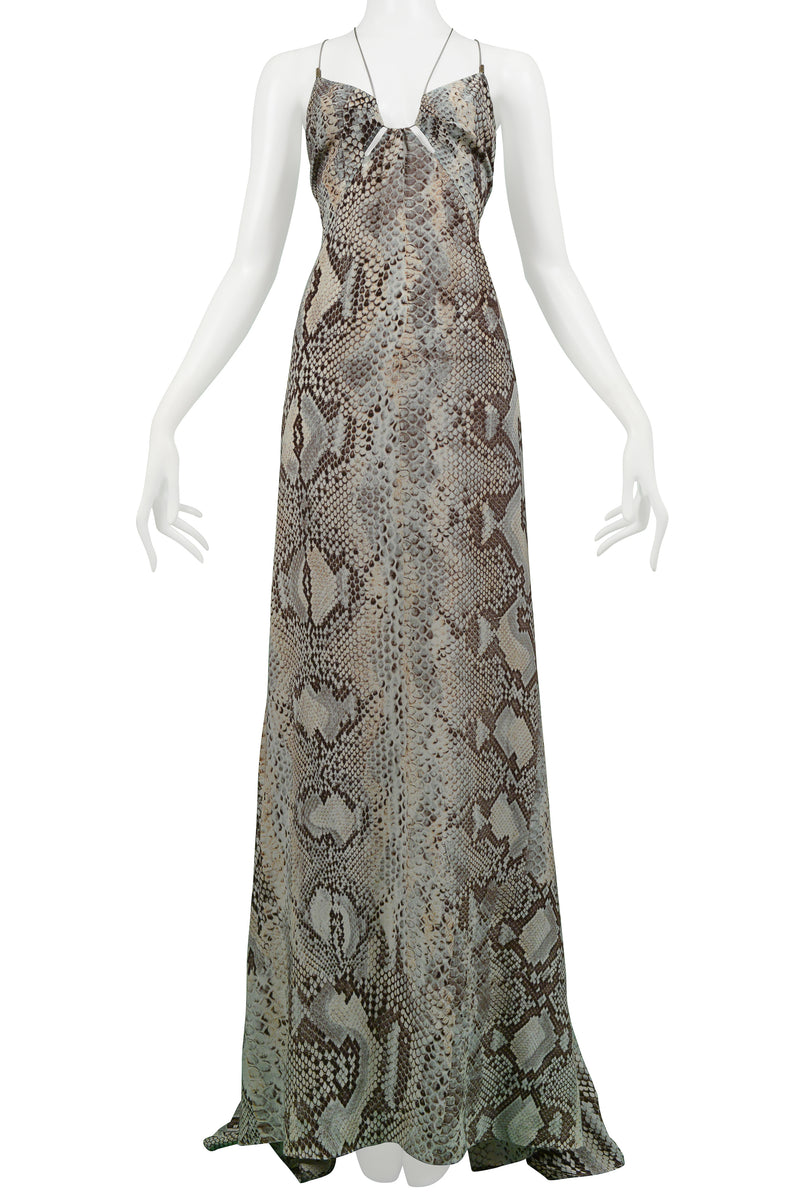 ROBERTO CAVALLI BLUE & GREY SNAKE PRINT EVENING GOWN WITH SILVER HARDWARE 2011