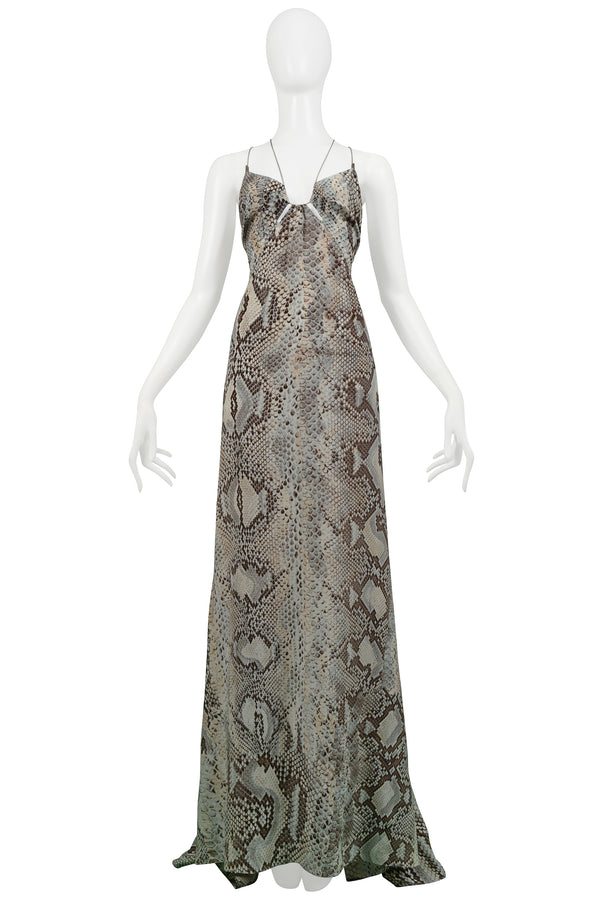 ROBERTO CAVALLI BLUE & GREY SNAKE PRINT EVENING GOWN WITH SILVER HARDWARE