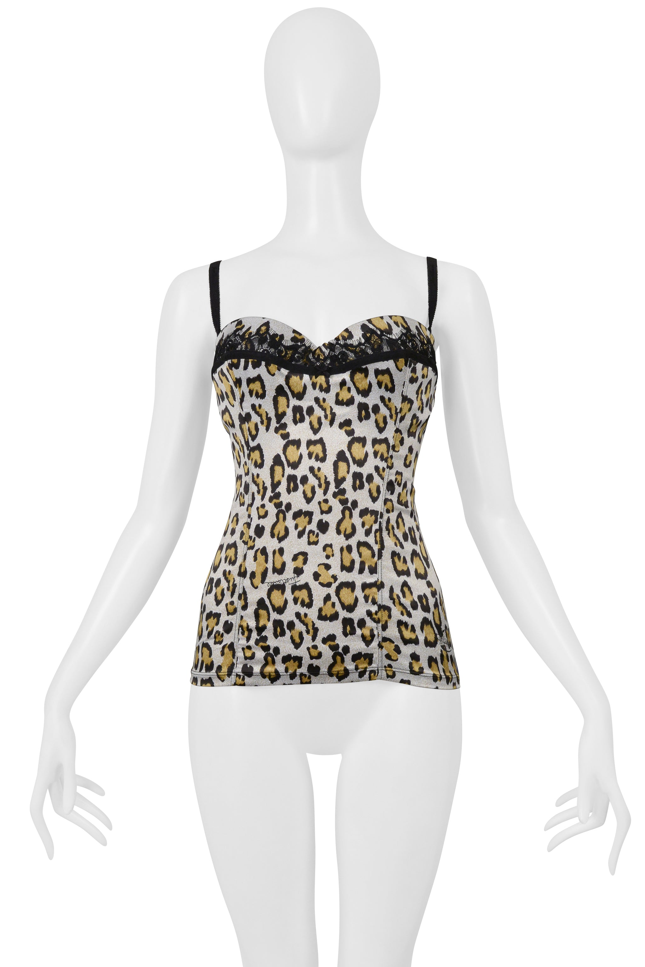ROBERTO CAVALLI JUST CAVALLI WHITE LEOPARD PRINT & LACE CAMISOLE TOP