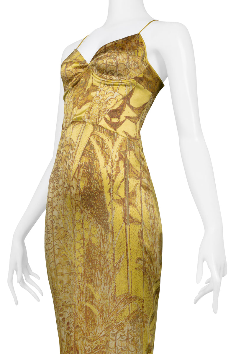 ROBERTO CAVALLI GOLD SATIN BUSTIER GOWN WITH TRAIN