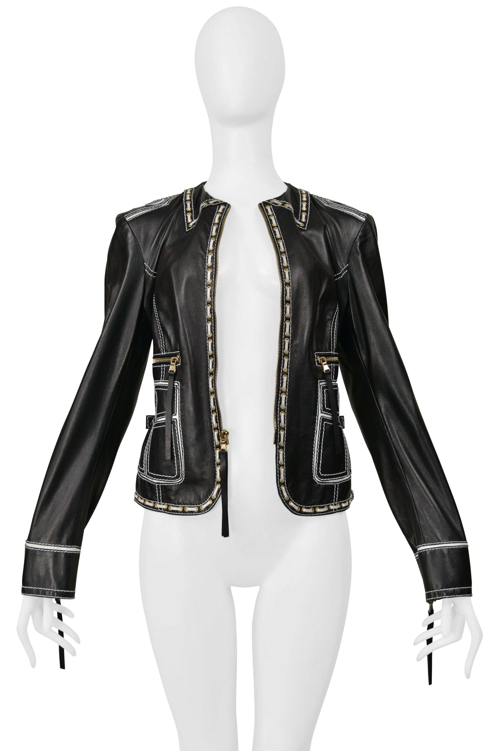 ROBERTO CAVALLI LEATHER JACKET WITH WHITE LACE DETAILING