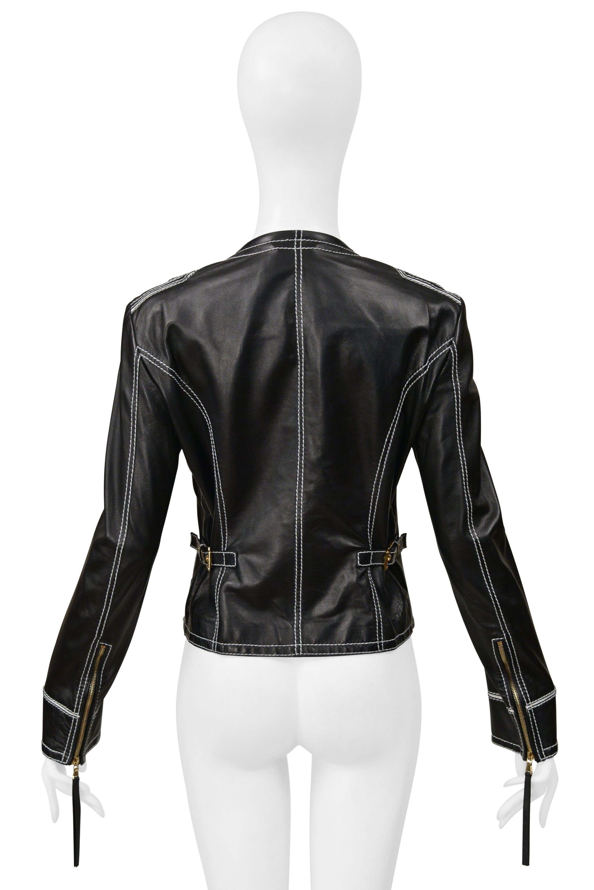 ROBERTO CAVALLI LEATHER JACKET WITH WHITE LACE DETAILING