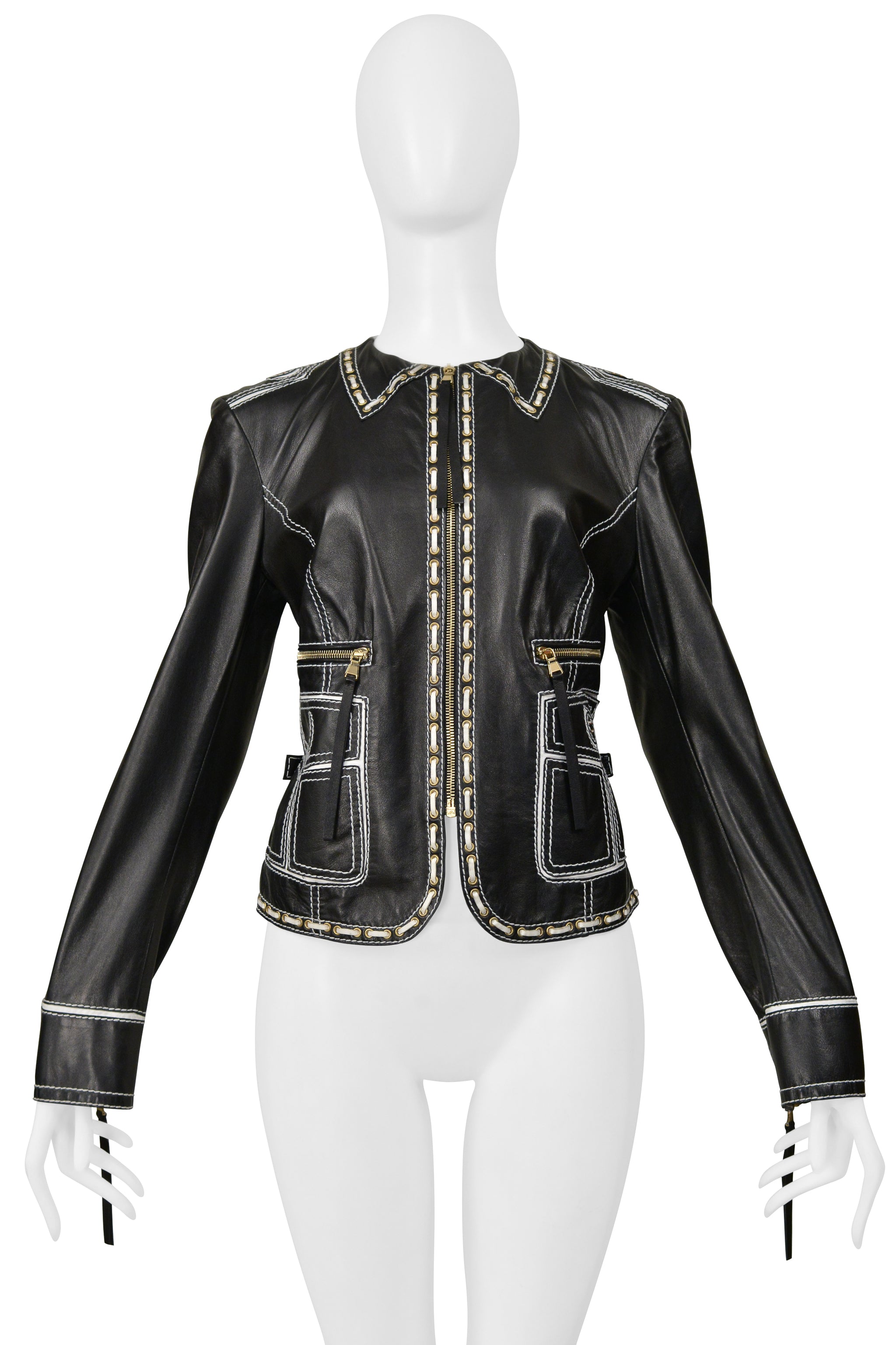 ROBERTO CAVALLI LEATHER JACKET WITH WHITE LACE DETAILING