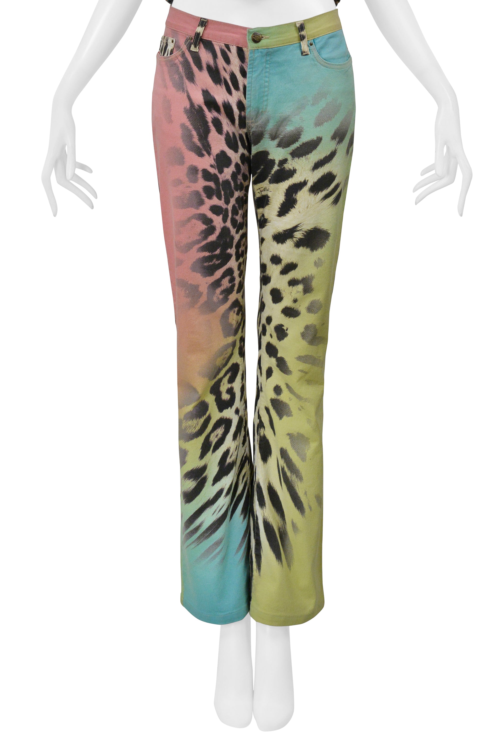 ROBERTO CAVALLI MULTI COLOR LEOPARD PRINT CORSET AND DENIM PANTS ENSEMBLE