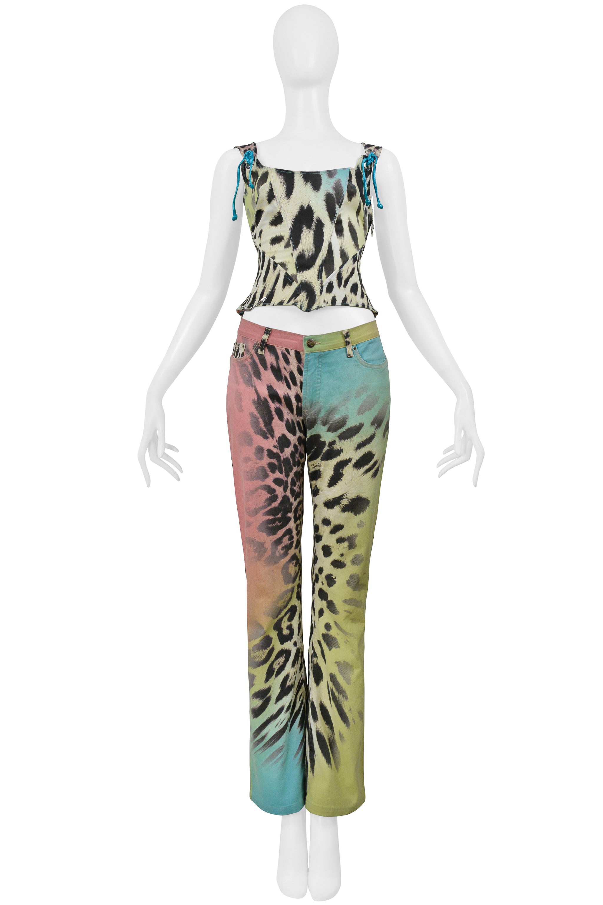 ROBERTO CAVALLI MULTI COLOR LEOPARD PRINT CORSET AND DENIM PANTS ENSEMBLE
