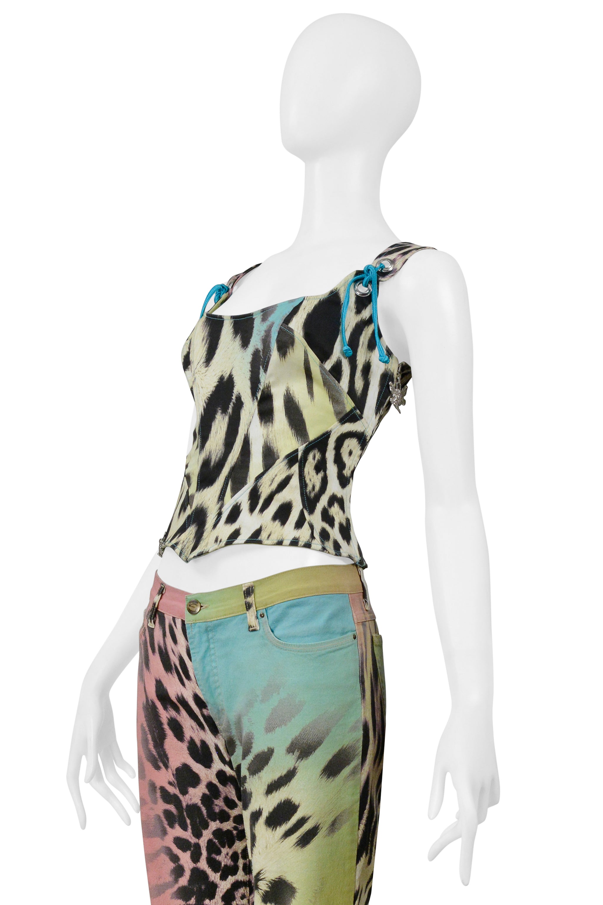 ROBERTO CAVALLI MULTI COLOR LEOPARD PRINT CORSET AND DENIM PANTS ENSEMBLE