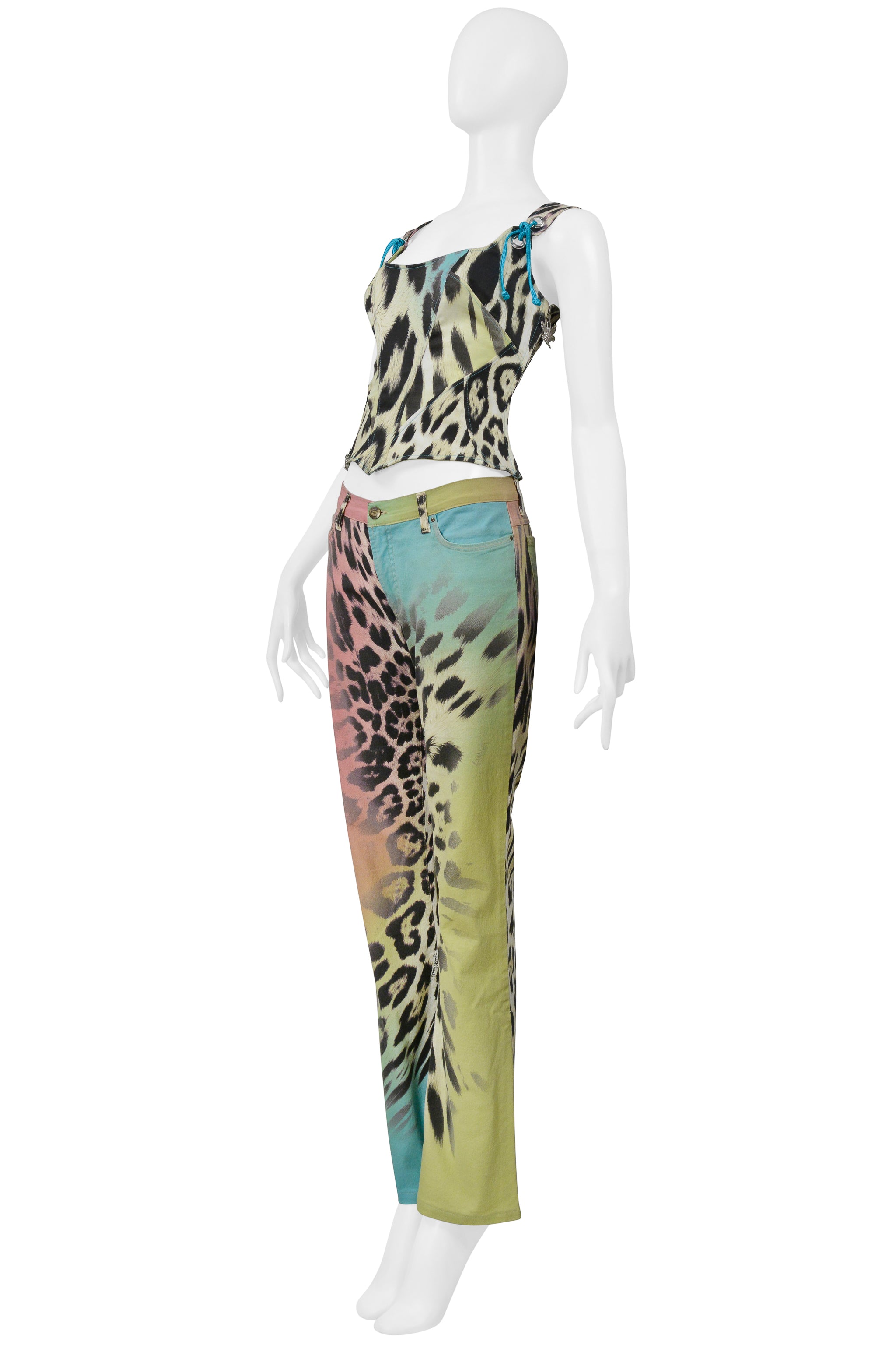 ROBERTO CAVALLI MULTI COLOR LEOPARD PRINT CORSET AND DENIM PANTS ENSEMBLE
