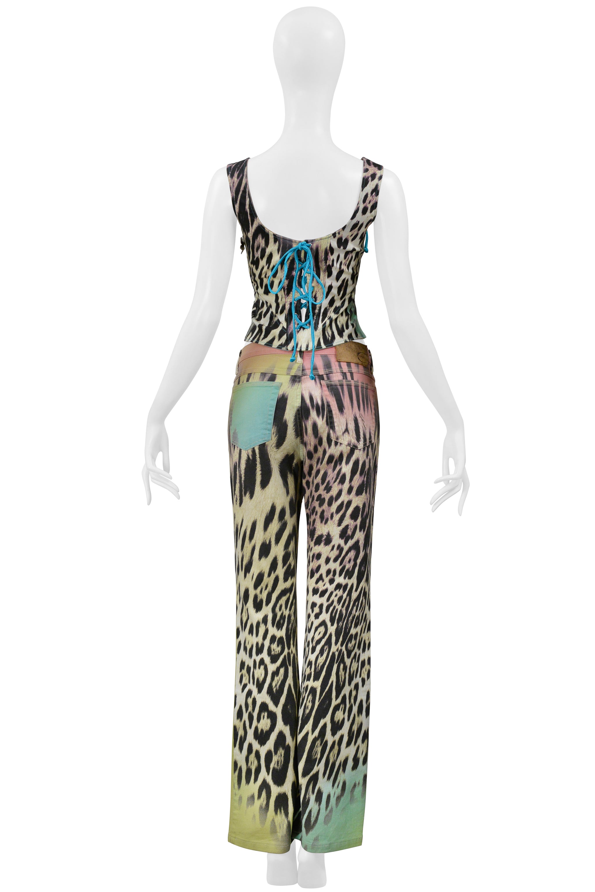 ROBERTO CAVALLI MULTI COLOR LEOPARD PRINT CORSET AND DENIM PANTS ENSEMBLE