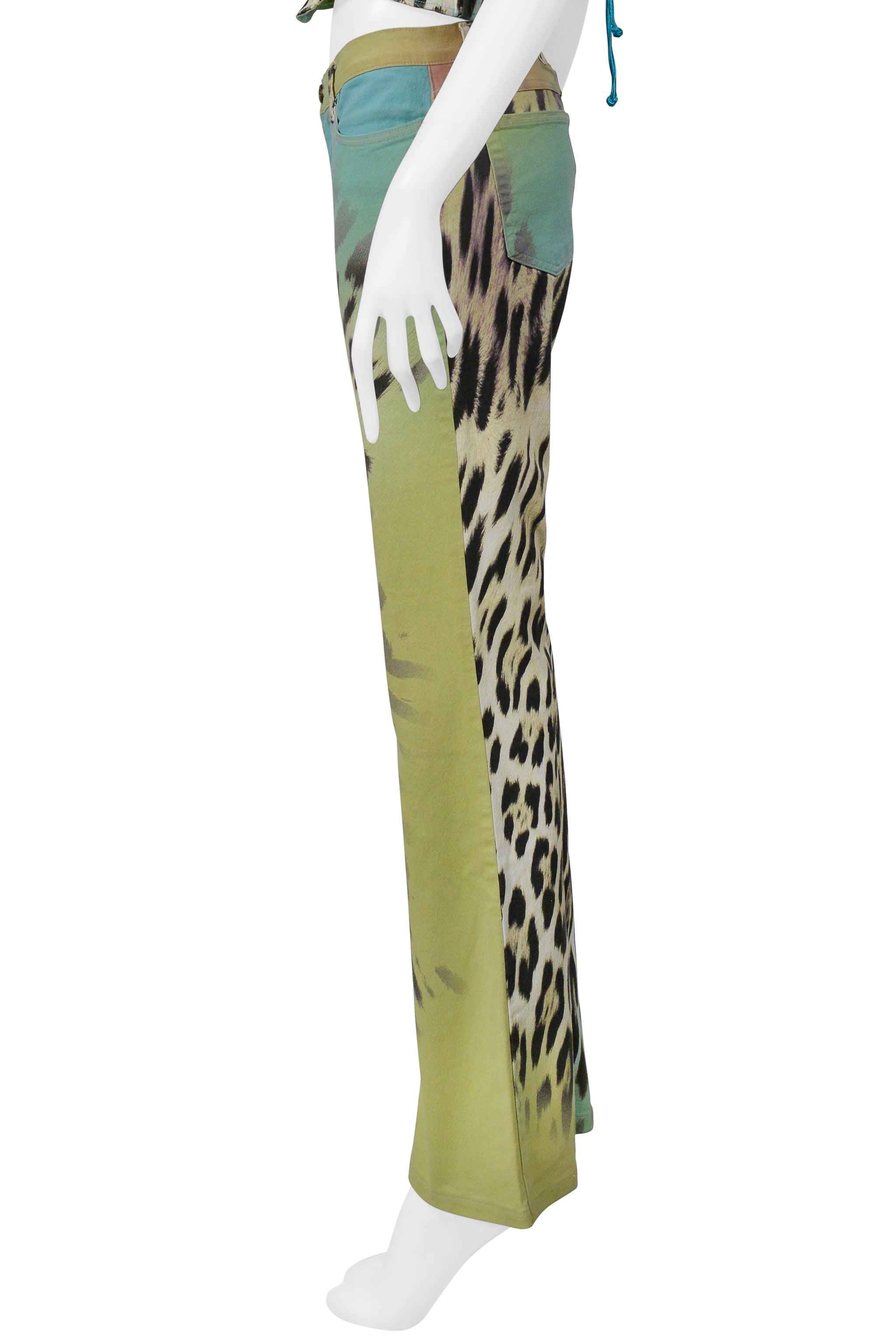 ROBERTO CAVALLI MULTI COLOR LEOPARD PRINT CORSET AND DENIM PANTS ENSEMBLE