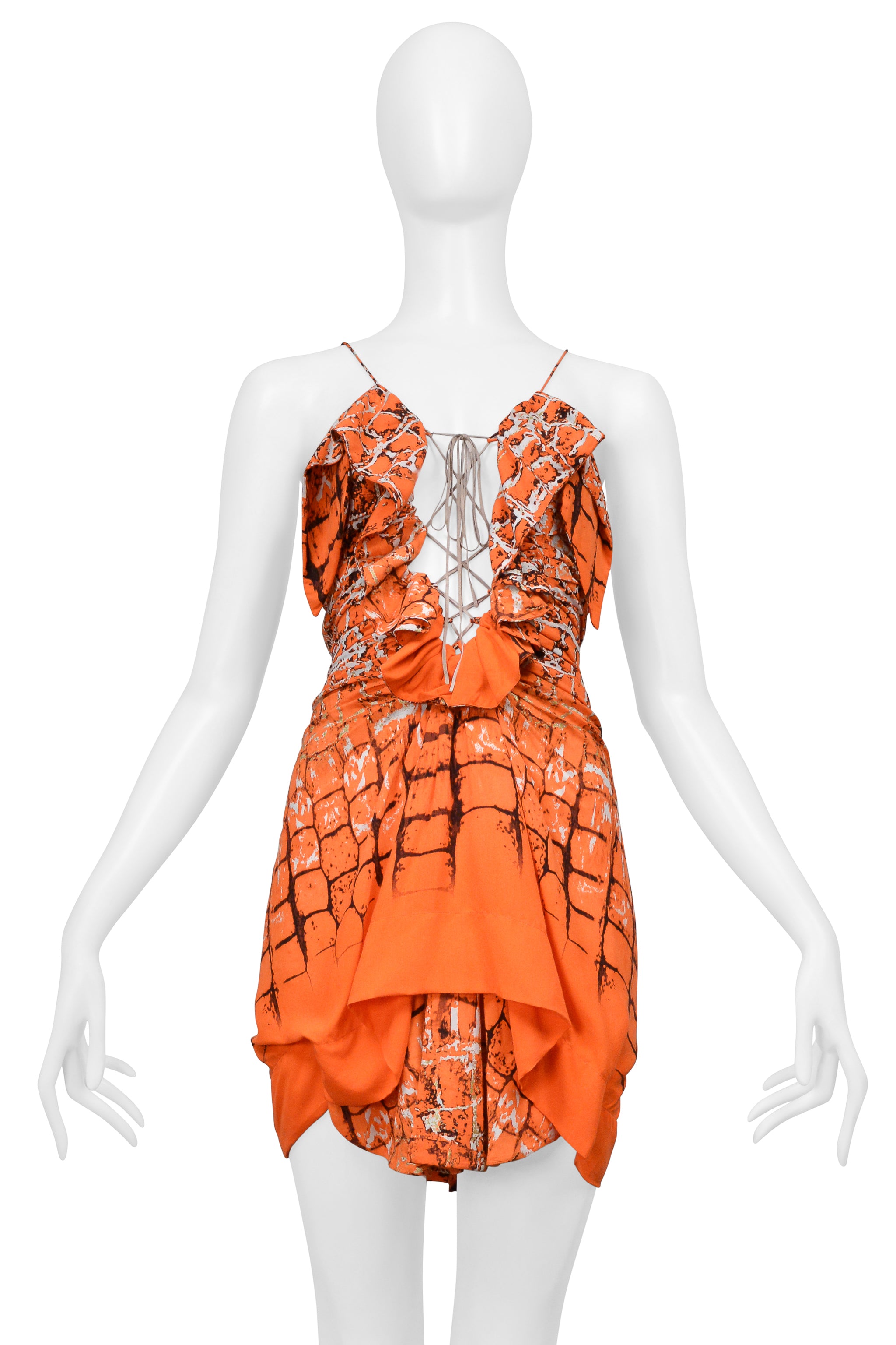ROBERTO CAVALLI ORANGE ABSTRACT PRINTED MINI DRESS WITH SUEDE LACE UP FRONT
