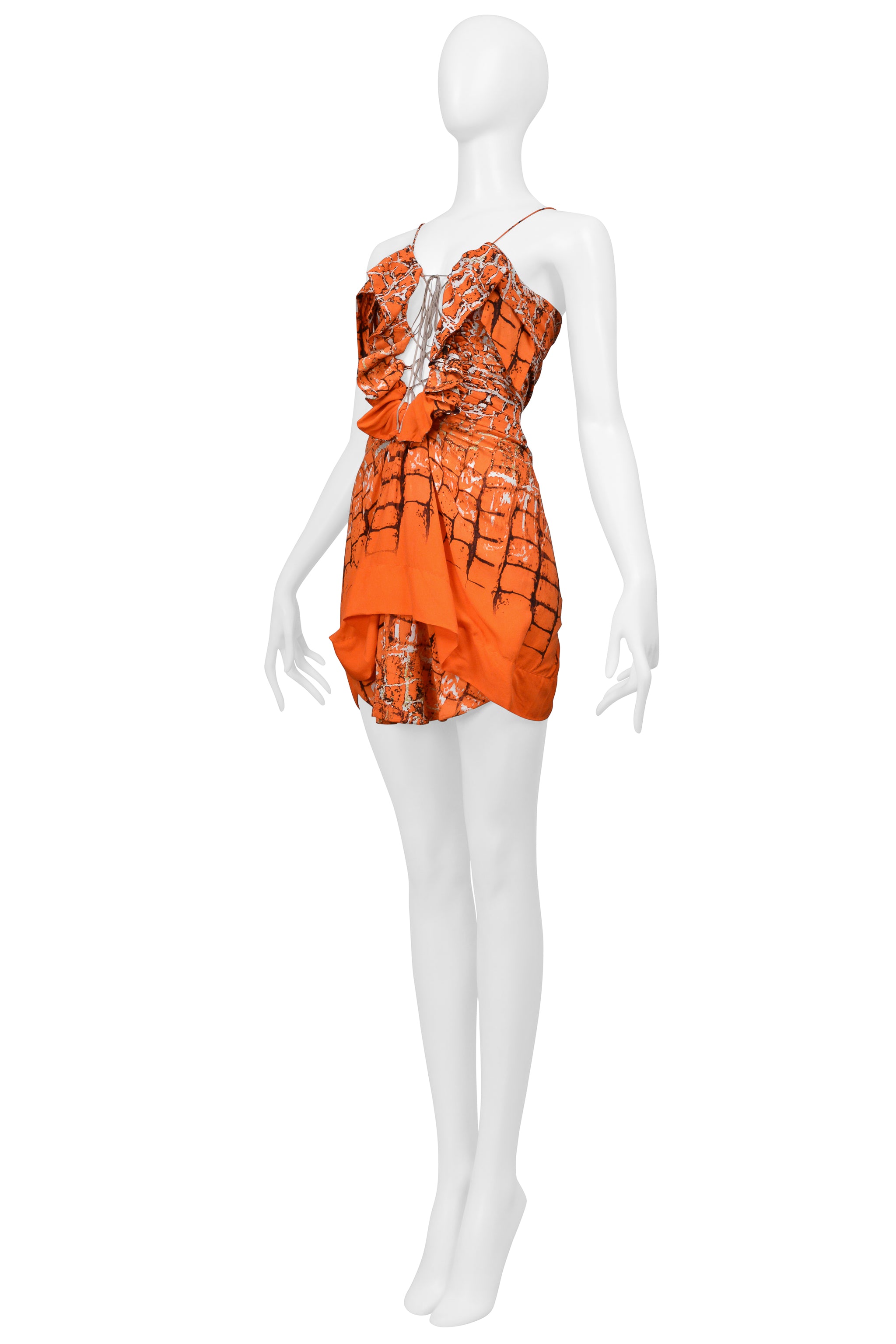 ROBERTO CAVALLI ORANGE ABSTRACT PRINTED MINI DRESS WITH SUEDE LACE UP FRONT
