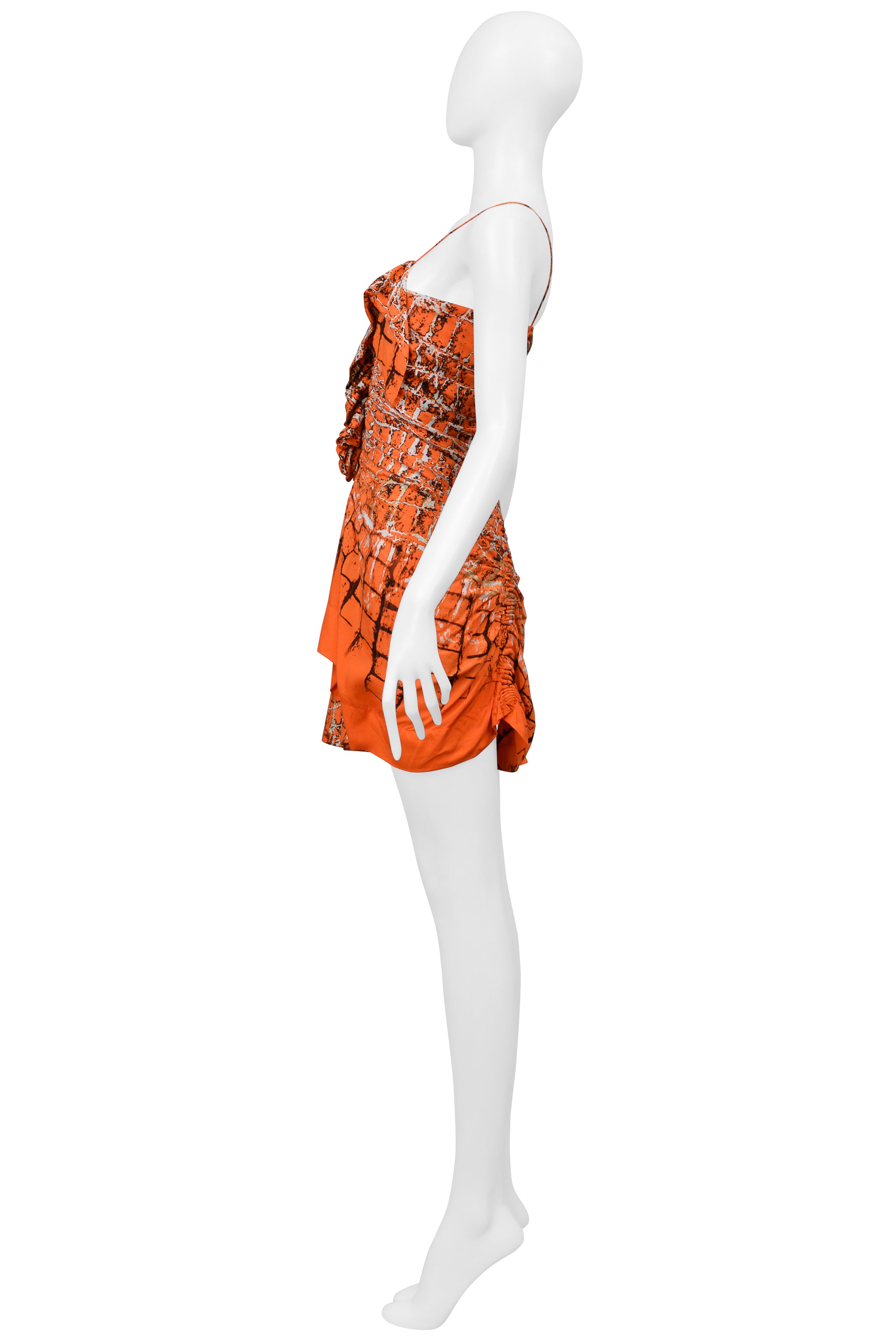 ROBERTO CAVALLI ORANGE ABSTRACT PRINTED MINI DRESS WITH SUEDE LACE UP FRONT