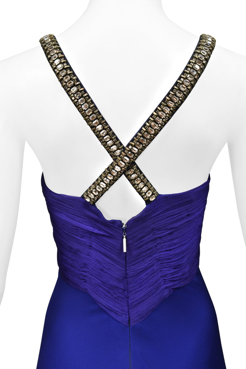 ROBERTO CAVALLI  ROYAL FORUM BLUE PLEATED EVENING GOWN WITH DRAMATIC CRYSTALS