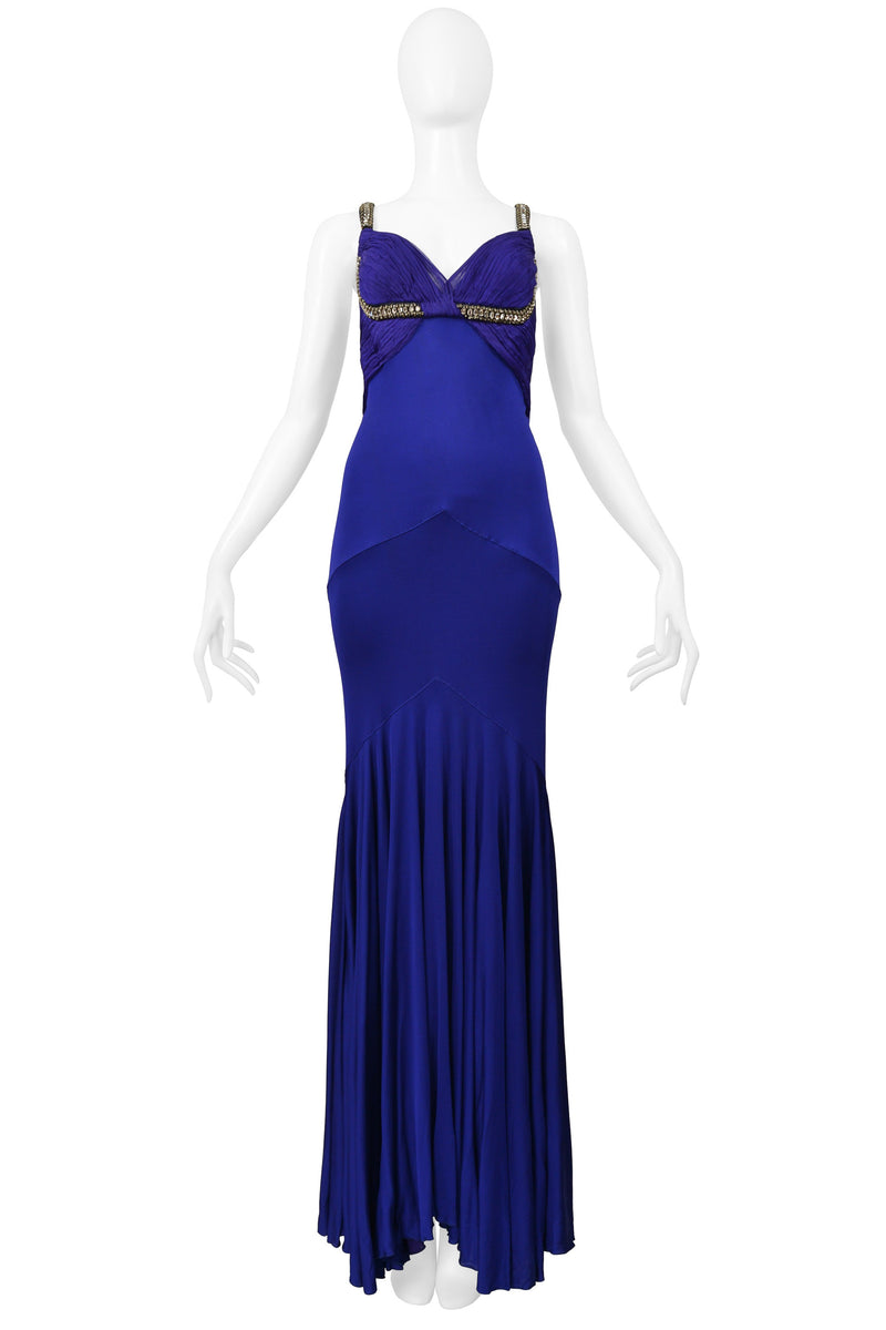 ROBERTO CAVALLI  ROYAL FORUM BLUE PLEATED EVENING GOWN WITH DRAMATIC CRYSTALS