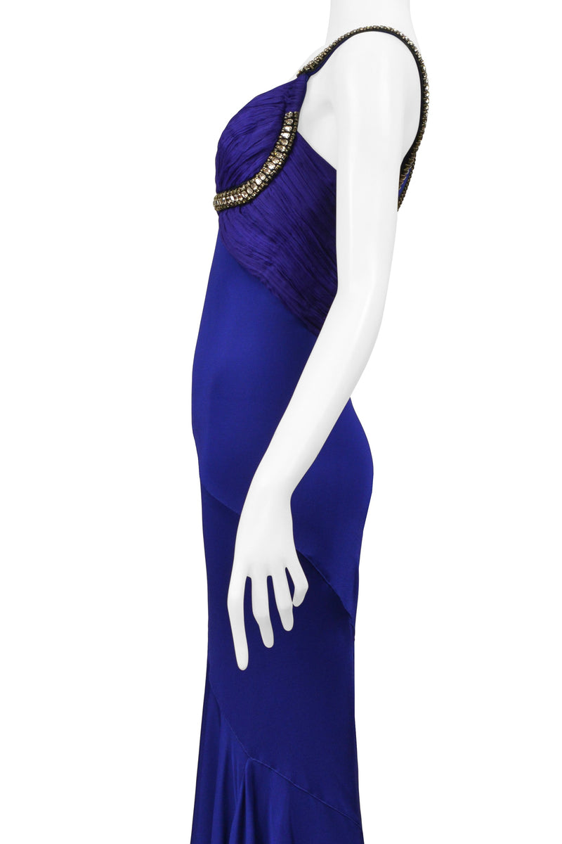 ROBERTO CAVALLI  ROYAL FORUM BLUE PLEATED EVENING GOWN WITH DRAMATIC CRYSTALS