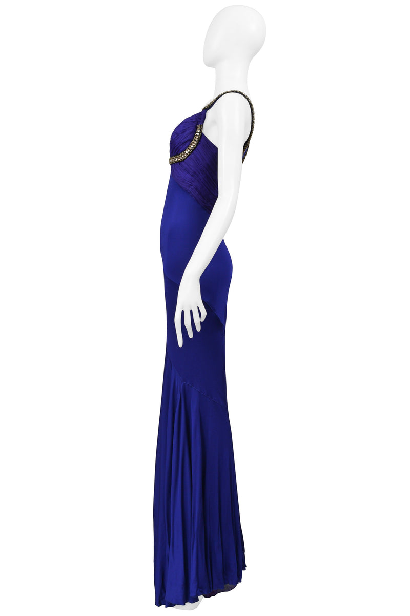 ROBERTO CAVALLI  ROYAL FORUM BLUE PLEATED EVENING GOWN WITH DRAMATIC CRYSTALS