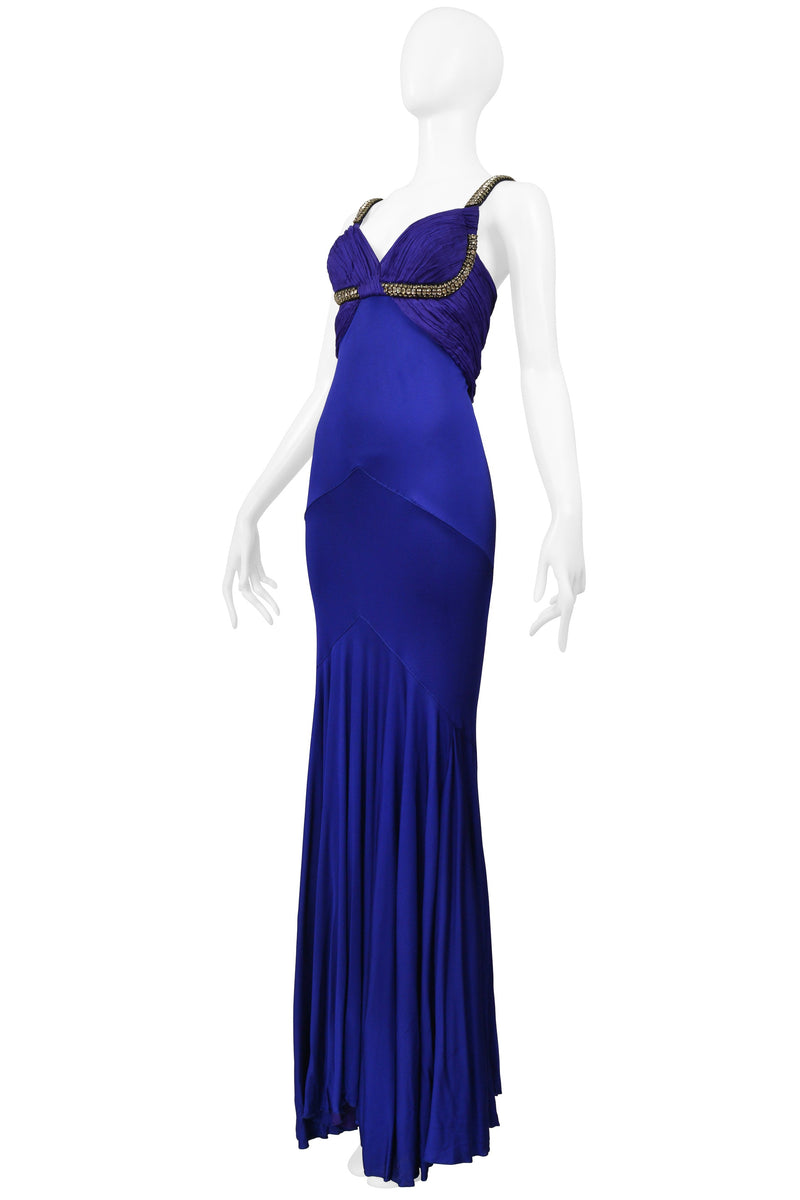 ROBERTO CAVALLI  ROYAL FORUM BLUE PLEATED EVENING GOWN WITH DRAMATIC CRYSTALS