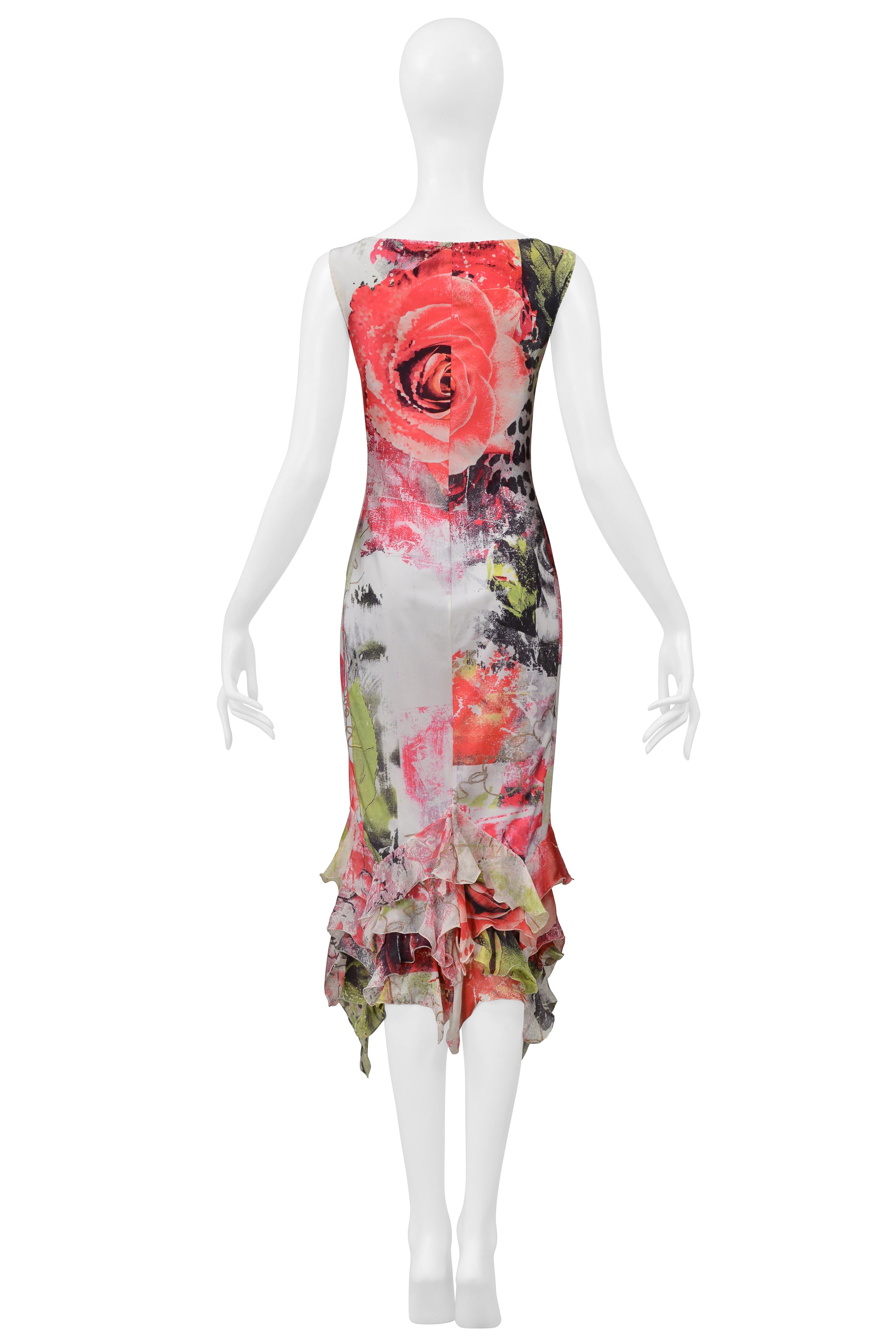ROBERTO CAVALLI MULTI COLOR ROSE AND LEOPARD GRAFFITI DRESS WITH RUFFLES 2000