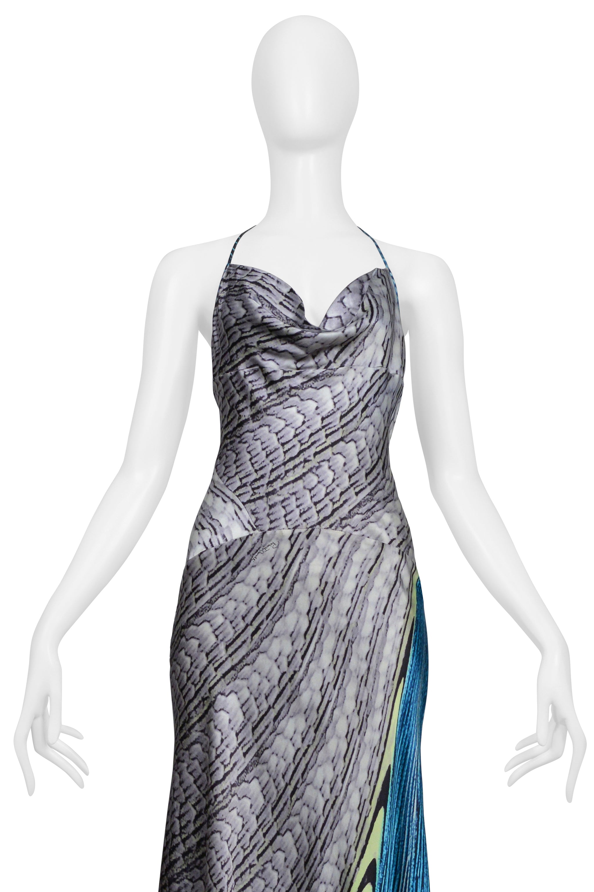 ROBERTO CAVALLI  SILVER & BLUE SILK HALTER MERMAID DRESS SS 2001