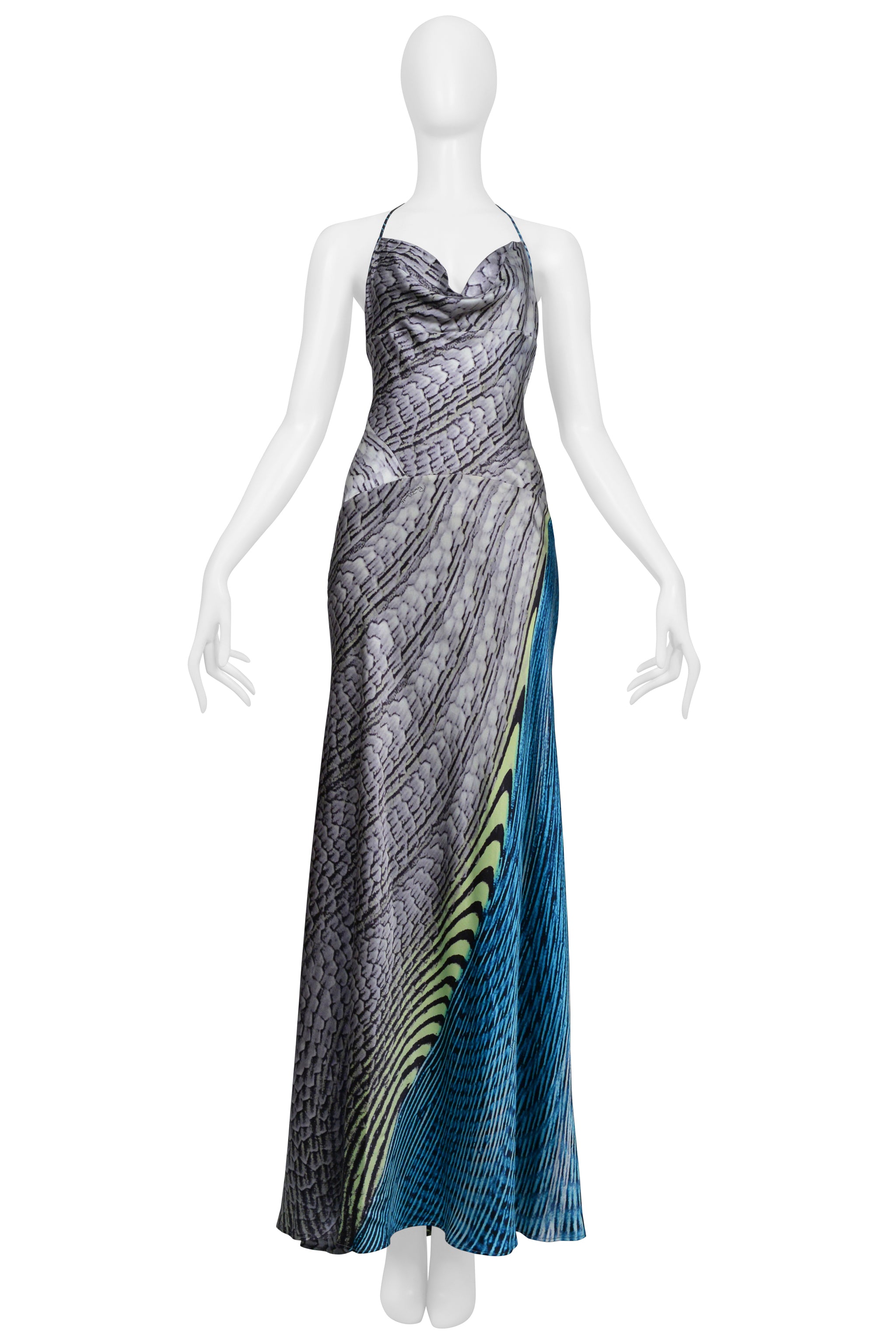 ROBERTO CAVALLI  SILVER & BLUE SILK HALTER MERMAID DRESS SS 2001