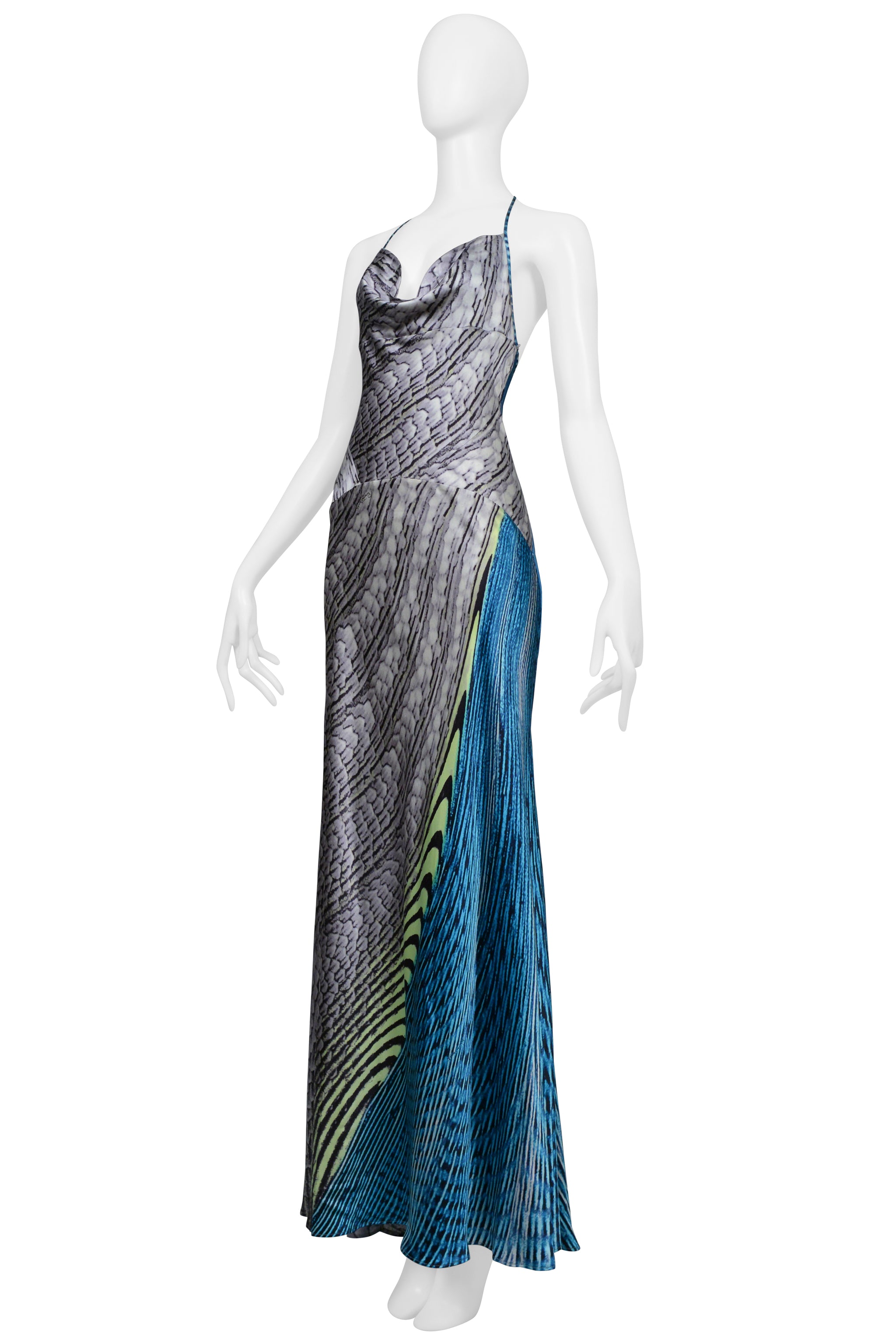ROBERTO CAVALLI  SILVER & BLUE SILK HALTER MERMAID DRESS SS 2001