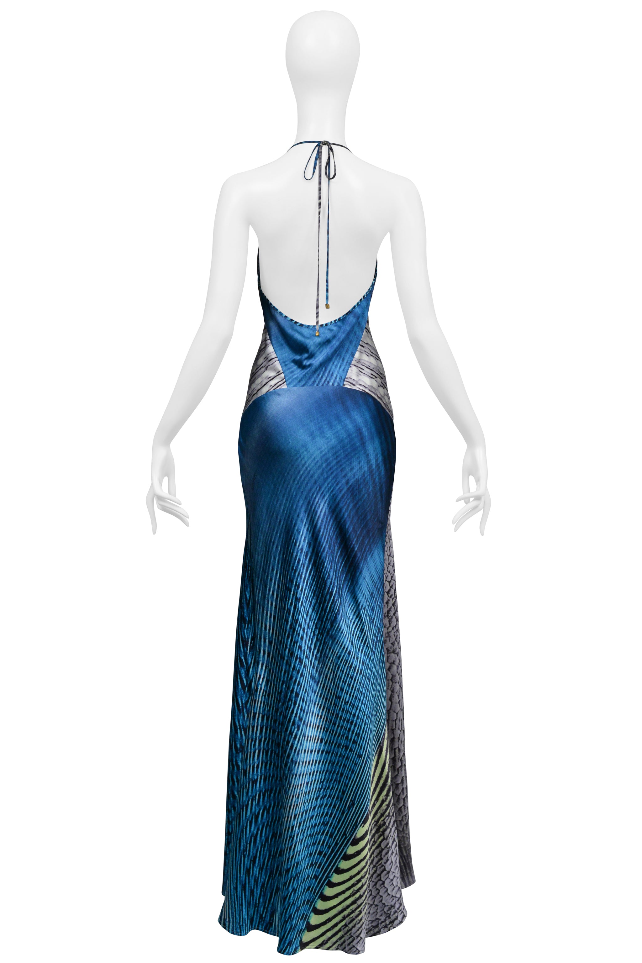ROBERTO CAVALLI  SILVER & BLUE SILK HALTER MERMAID DRESS SS 2001