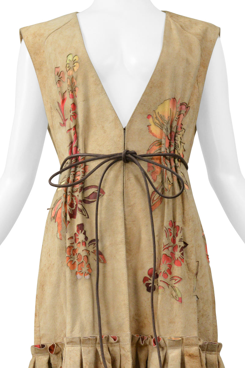 ROBERTO CAVALLI TAN DISTRESSED SUEDE VEST DRESS WITH LASER CUT FLORAL PATTERN