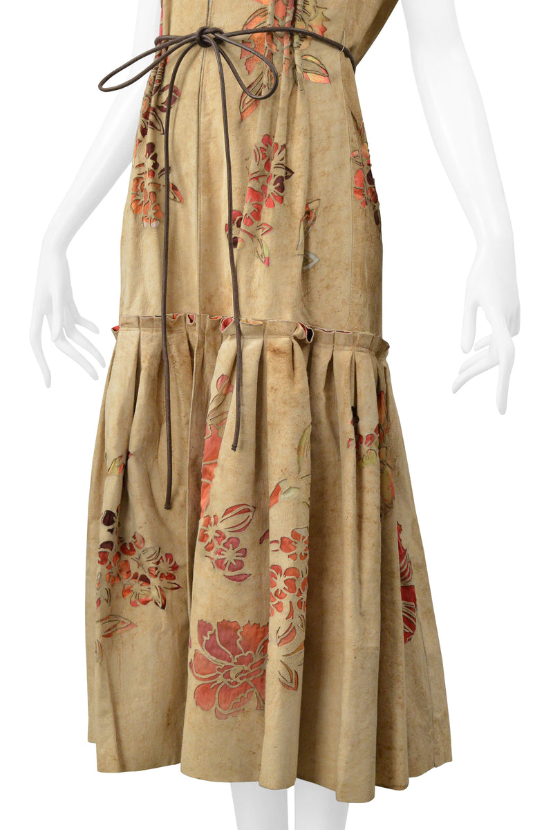 ROBERTO CAVALLI TAN DISTRESSED SUEDE VEST DRESS WITH LASER CUT FLORAL PATTERN