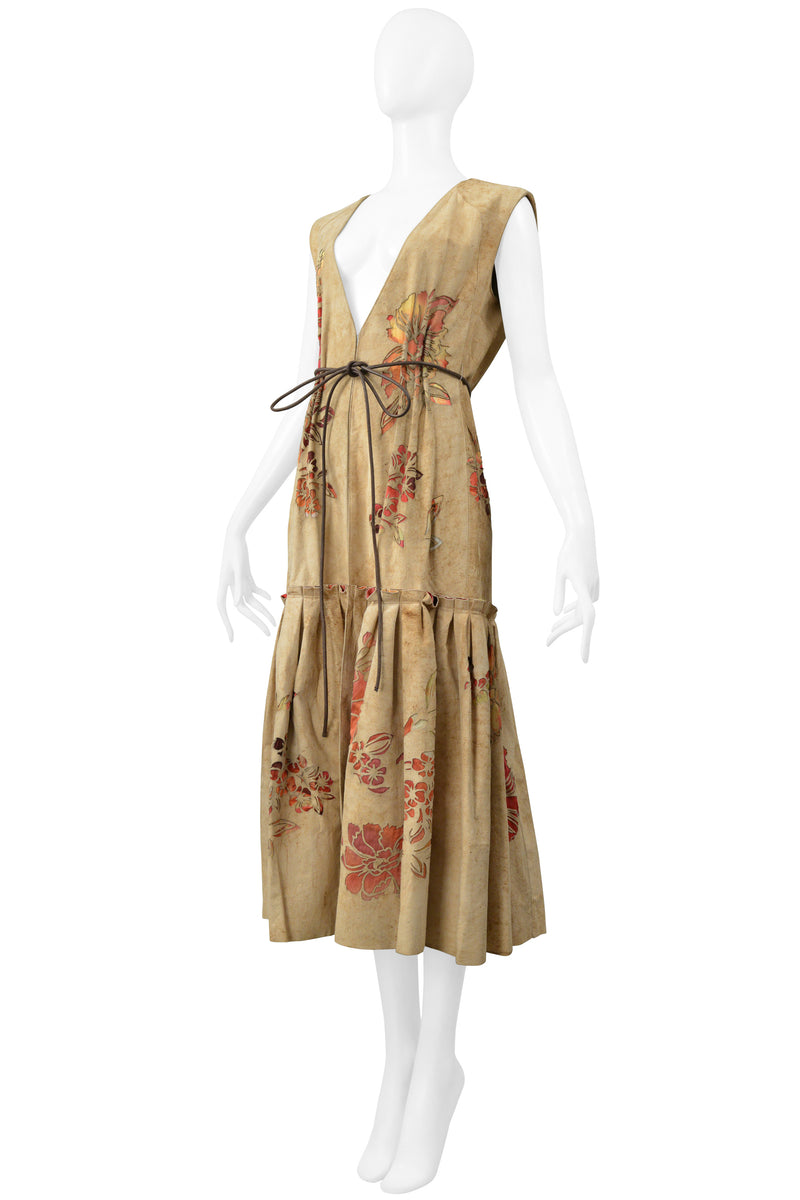 ROBERTO CAVALLI TAN DISTRESSED SUEDE VEST DRESS WITH LASER CUT FLORAL PATTERN