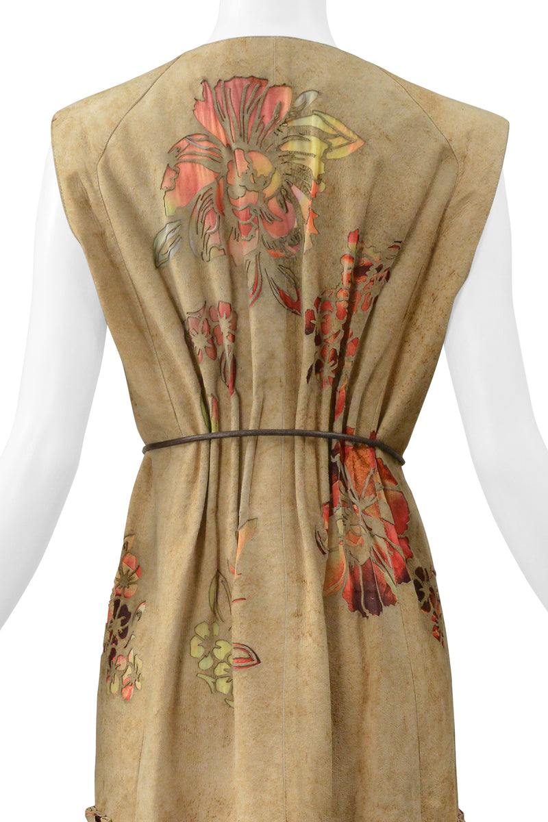 ROBERTO CAVALLI TAN DISTRESSED SUEDE VEST DRESS WITH LASER CUT FLORAL PATTERN