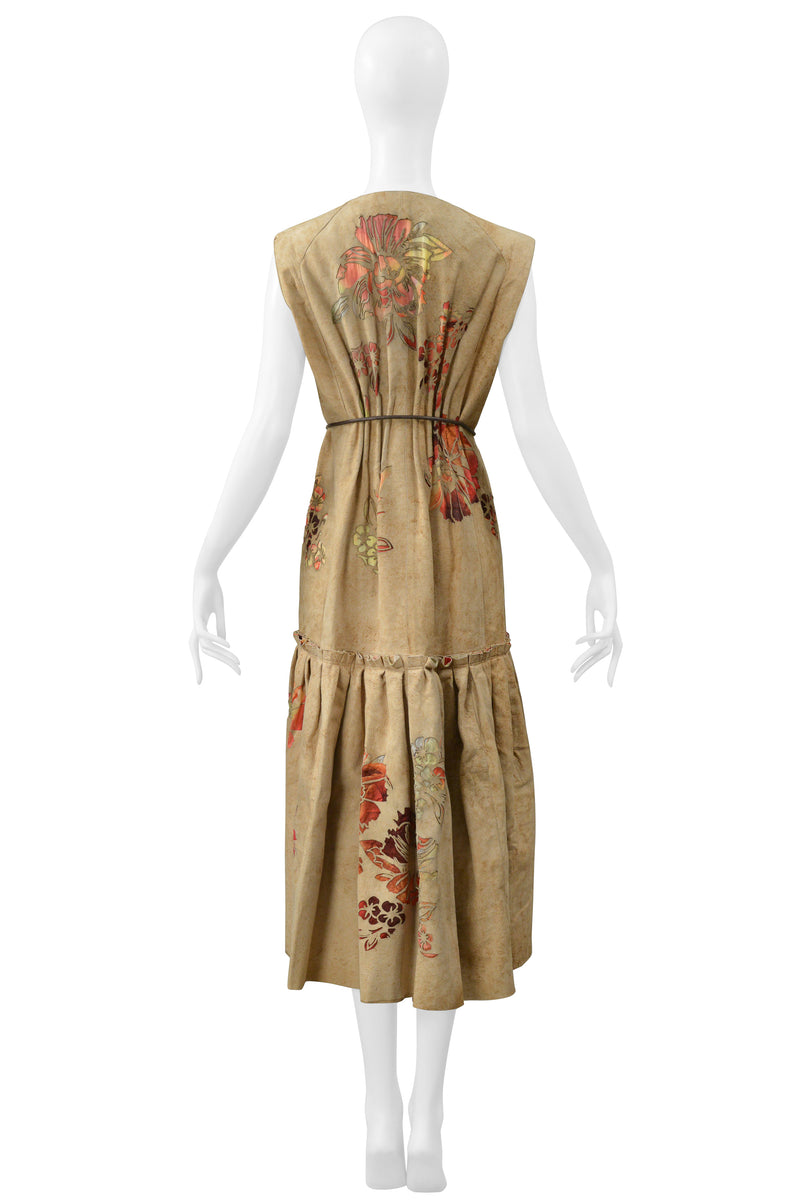 ROBERTO CAVALLI TAN DISTRESSED SUEDE VEST DRESS WITH LASER CUT FLORAL PATTERN