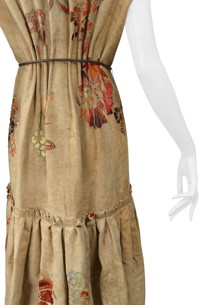 ROBERTO CAVALLI TAN DISTRESSED SUEDE VEST DRESS WITH LASER CUT FLORAL PATTERN