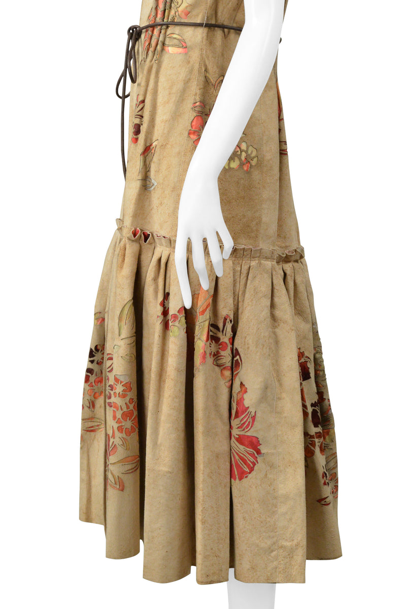 ROBERTO CAVALLI TAN DISTRESSED SUEDE VEST DRESS WITH LASER CUT FLORAL PATTERN