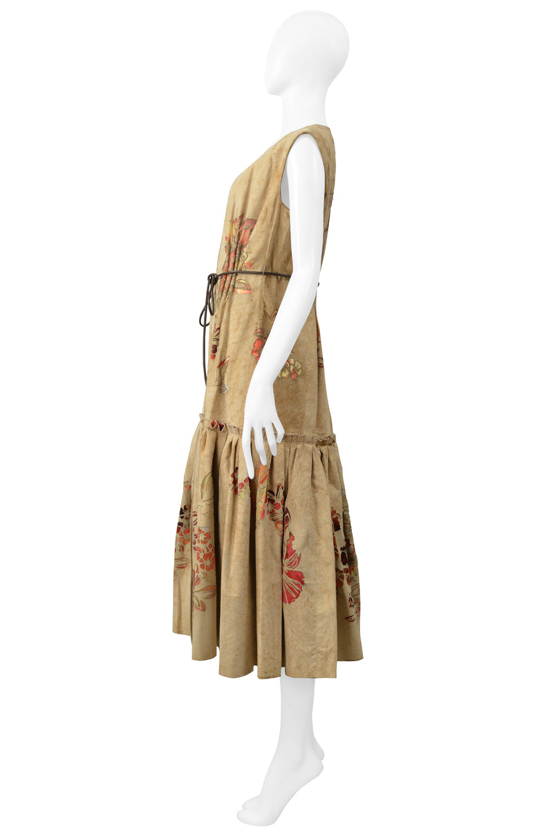 ROBERTO CAVALLI TAN DISTRESSED SUEDE VEST DRESS WITH LASER CUT FLORAL PATTERN