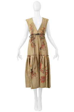 ROBERTO CAVALLI TAN DISTRESSED SUEDE VEST DRESS WITH LASER CUT FLORAL PATTERN