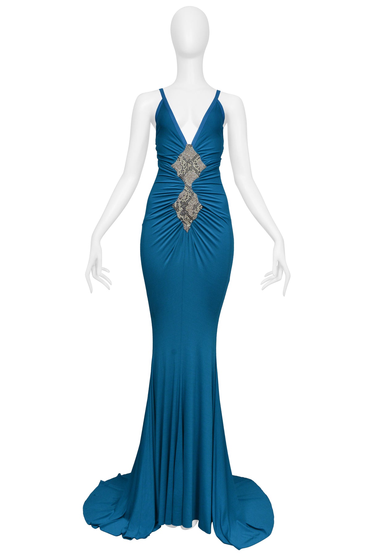 ROBERTO CAVALLI TEAL BLUE GOWN WITH SNAKE EMBELLISHMENT AT BODICE AND DRAMATIC TRAIN