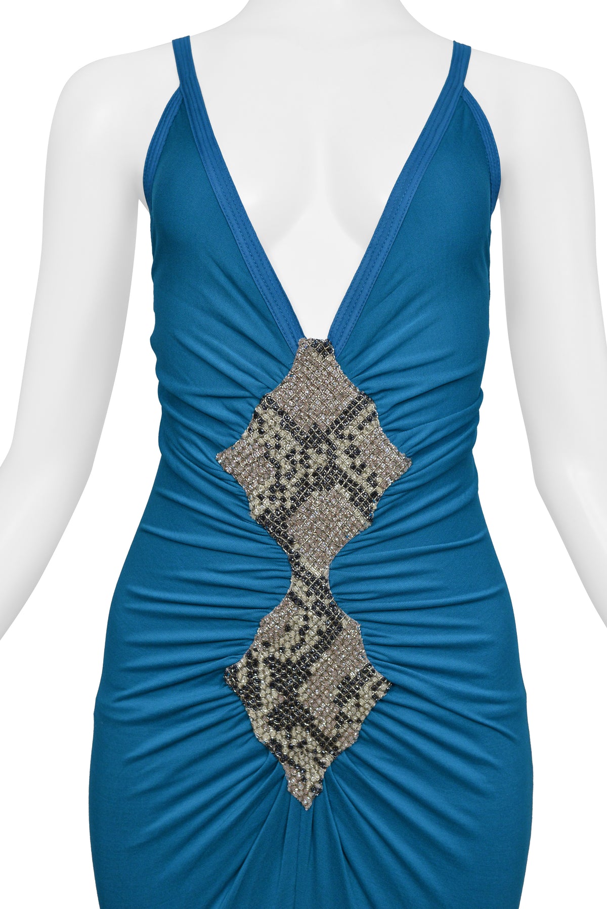 ROBERTO CAVALLI TEAL BLUE GOWN WITH SNAKE EMBELLISHMENT AT BODICE AND DRAMATIC TRAIN