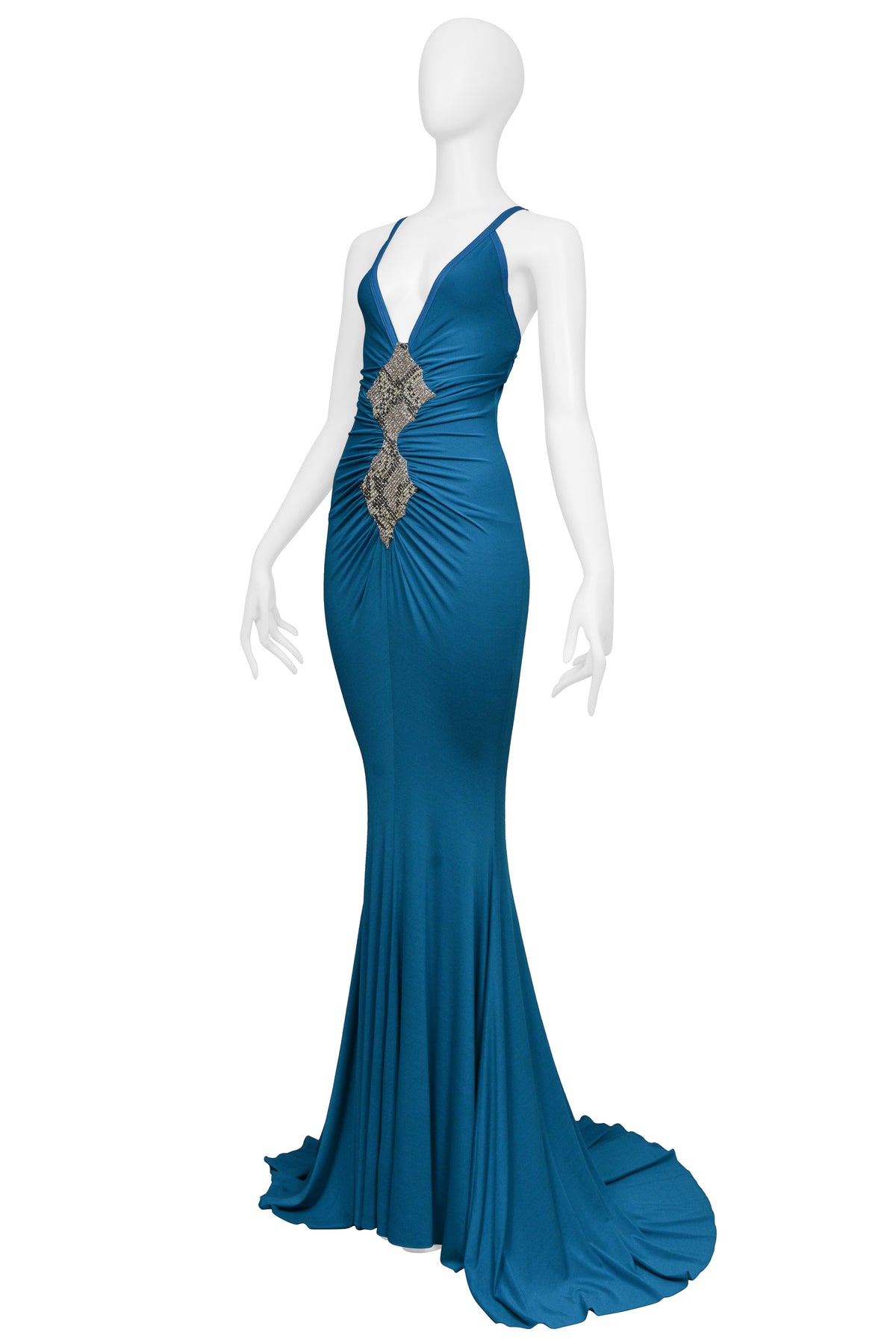 ROBERTO CAVALLI TEAL BLUE GOWN WITH SNAKE EMBELLISHMENT AT BODICE AND DRAMATIC TRAIN