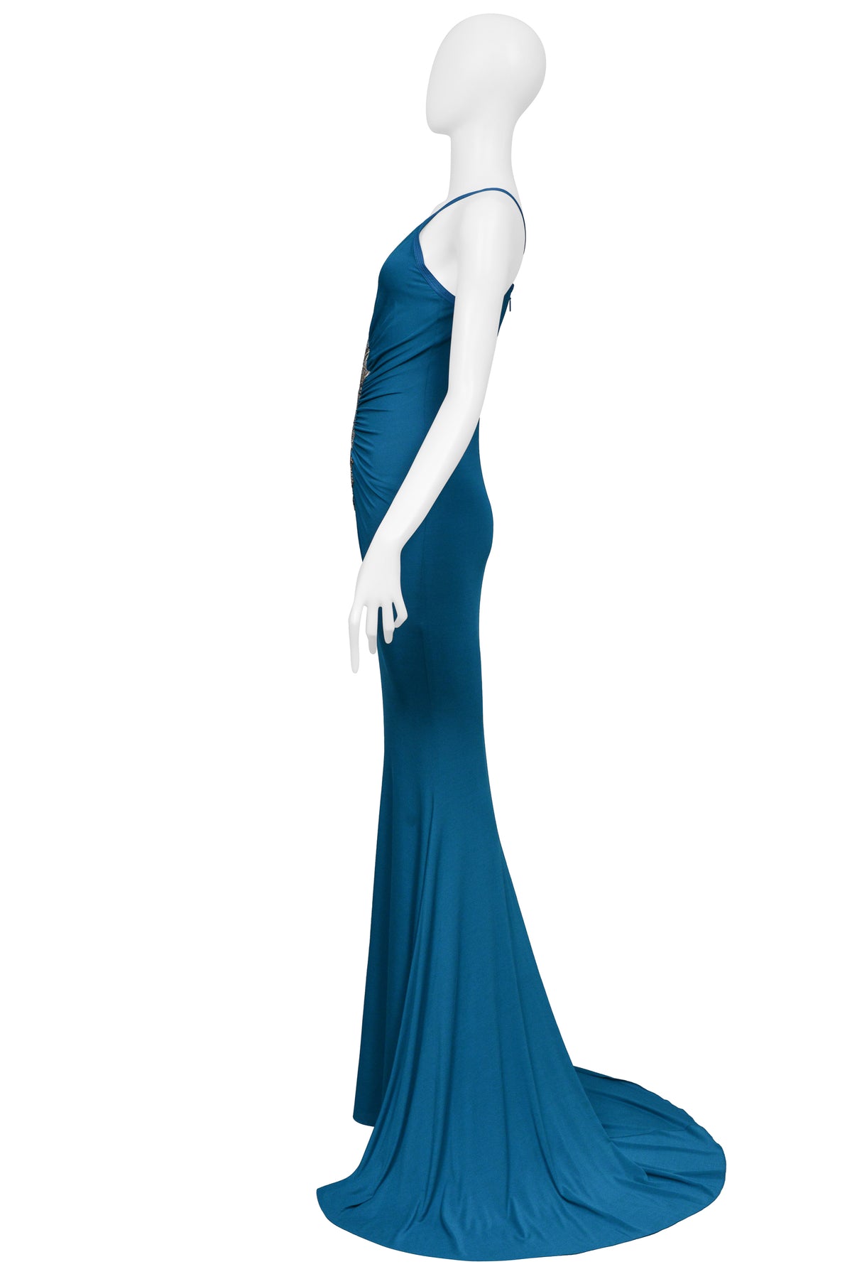 ROBERTO CAVALLI TEAL BLUE GOWN WITH SNAKE EMBELLISHMENT AT BODICE AND DRAMATIC TRAIN