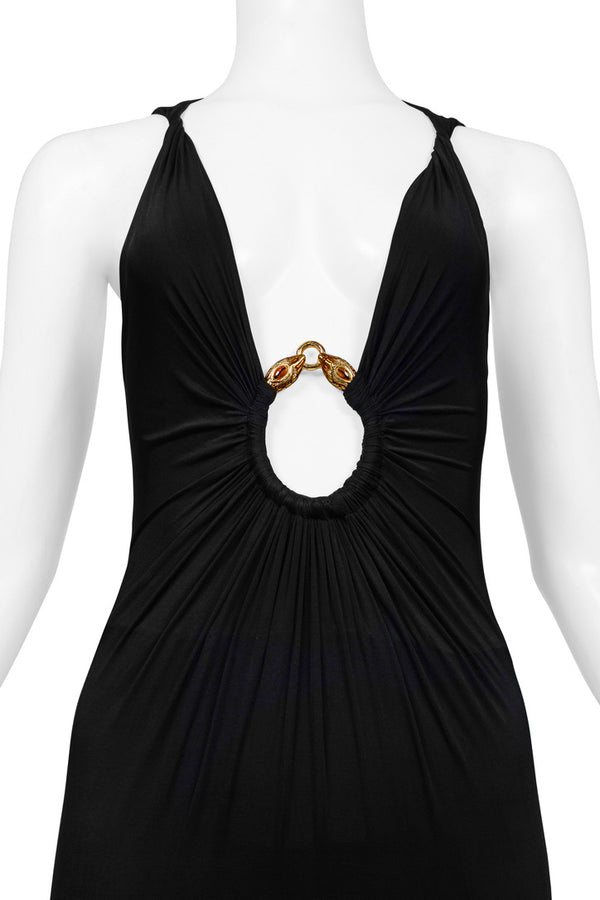 ROBERTO CAVALLI BLACK JERSEY EVENING GOWN WITH GOLD HARDWARE & JEWEL