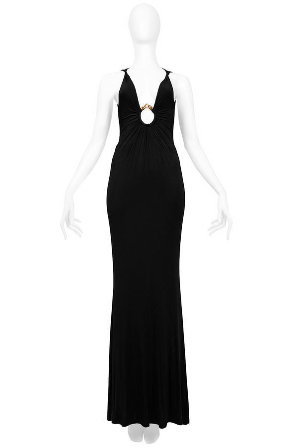 ROBERTO CAVALLI BLACK JERSEY EVENING GOWN WITH GOLD HARDWARE & JEWEL