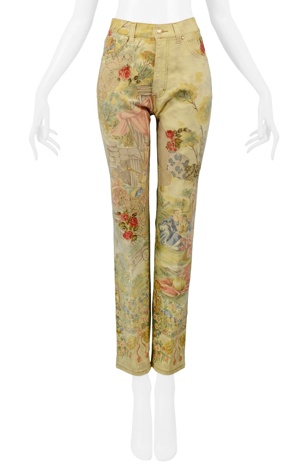 ROBERTO CAVALLI VINTAGE VICTORIAN PRINT JEANS WITH SUEDE ROSES