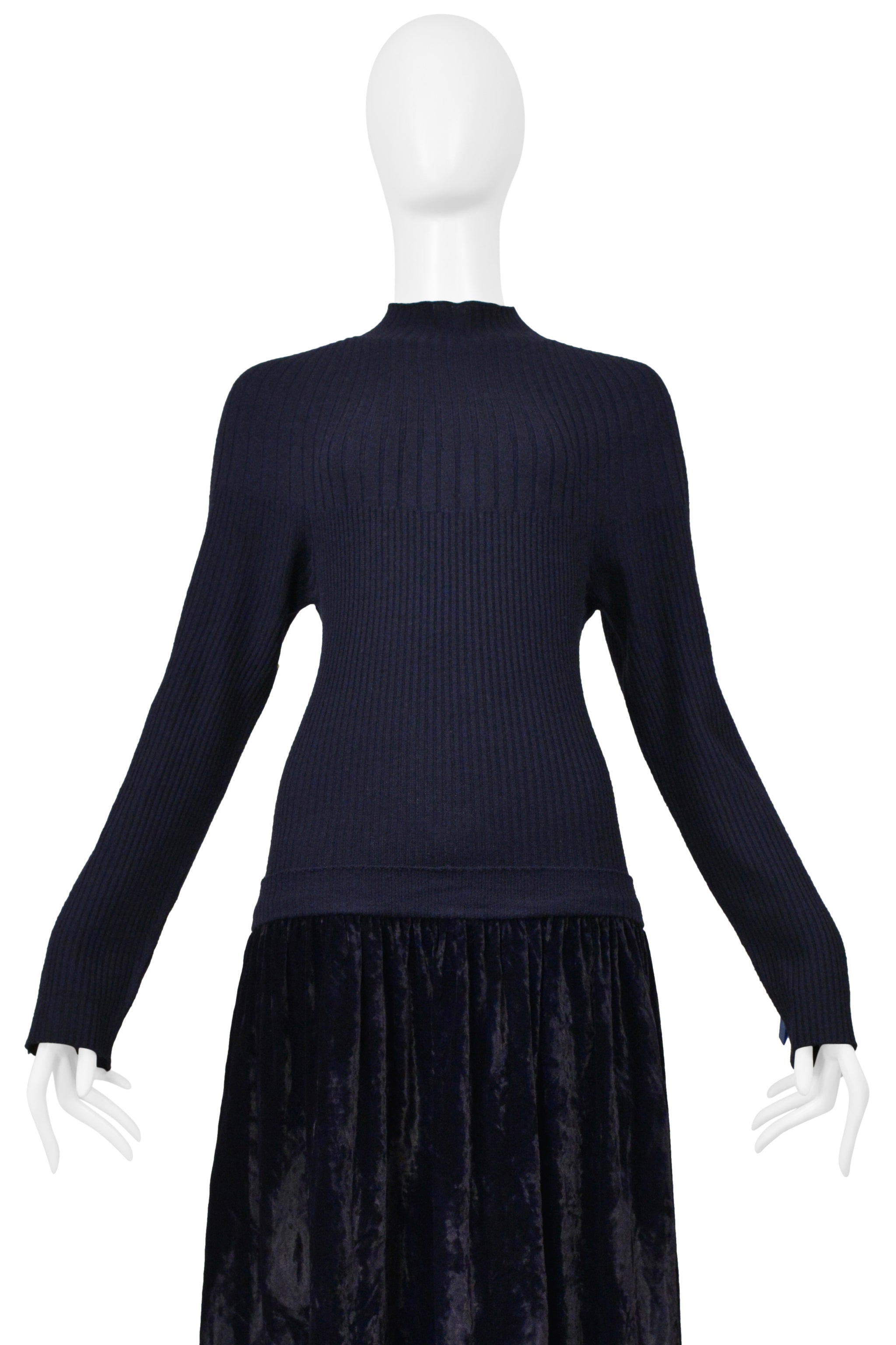 COMME DES GARCONS NAVY DRESS WITH KNIT RIBBED TOP AND CRUSHED VELVET SKIRT 1997-98