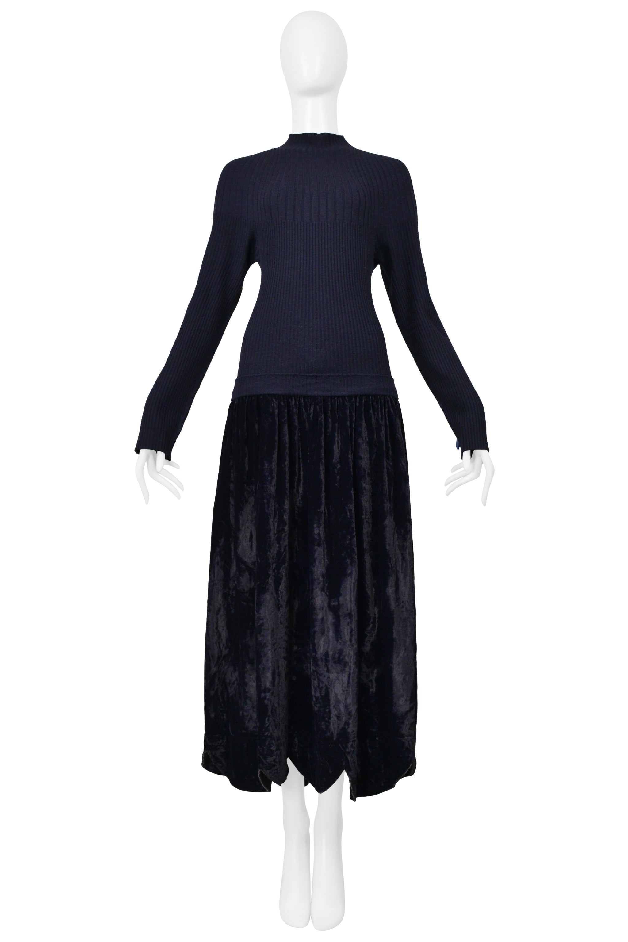 COMME DES GARCONS NAVY DRESS WITH KNIT RIBBED TOP AND CRUSHED VELVET SKIRT 1997-98